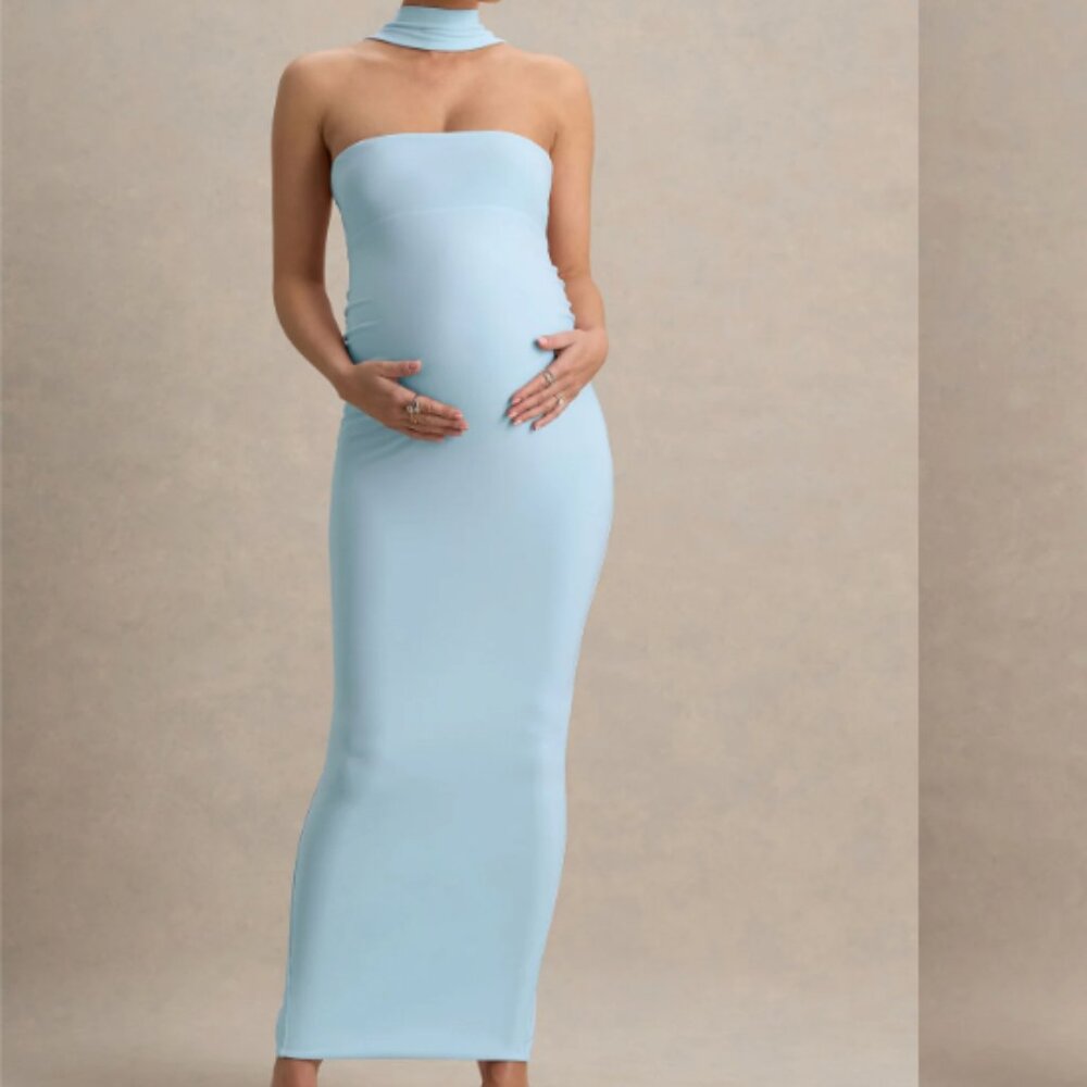 Glaze Powder Blue High-Neck Maternity Maxi Dress